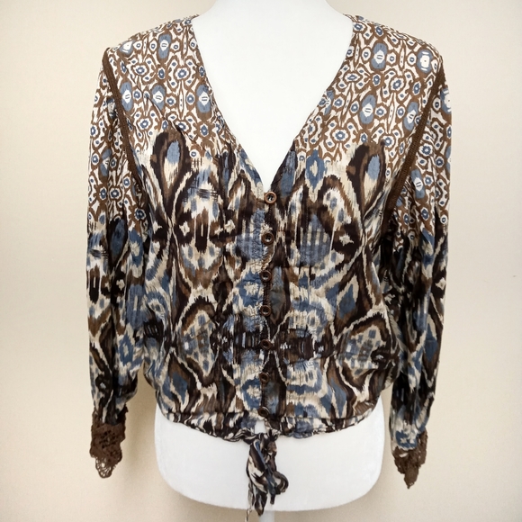 Crochet Lace Button Down Tie Front Long Sleeve Top - Picture 1 of 12